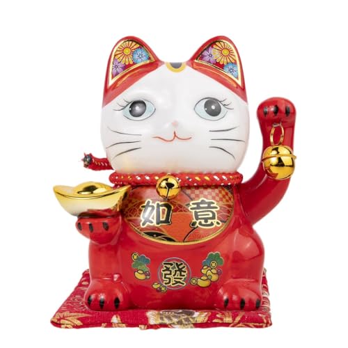 lachineuse Chat du Bonheur et de la Fortune - Tirelire Chat Nippon - Statuette Porte-Bonheur Japonais - Coloris Rouge - Porcelaine - Idée Déco Japon et Asie - Chance,...