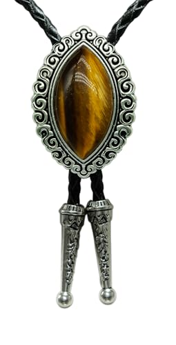 Image of Moranse Bolo Tie with Natural Tiger Eye Stone Celtic Style Genuine and Cowhide Rope