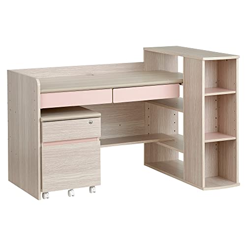 スマート・アイ(smart-i) 学習机 Halo 高さ調節 幅137cm シェルフ ワゴン セット (ウッドベージュ/マグノリアピンク)