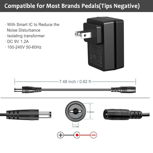 Image of JOYO DC 9V 1.2A Guitar Pedal Power Supply with 5 Way Daisy Chain Cables, AC Wall Charger Power Adapter for Bass Guitar Effect Pedals (Tip Negative)