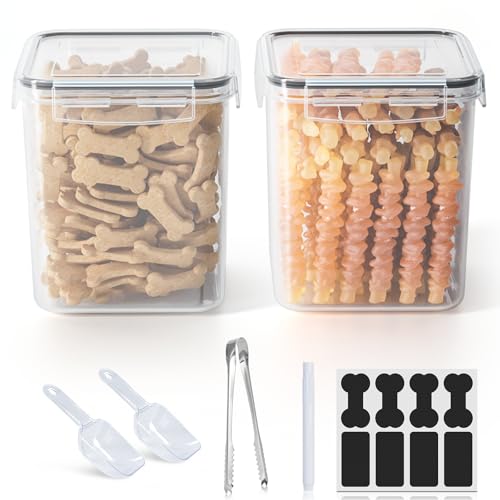 qeerable Dog Treat Storage Container Airtight for Countertop, Dog Treat Jar with Lid for Food Storage Organizer, 2 Pack Pet Food Holder for Kitchen with Scoops, Gift for Pet Owners