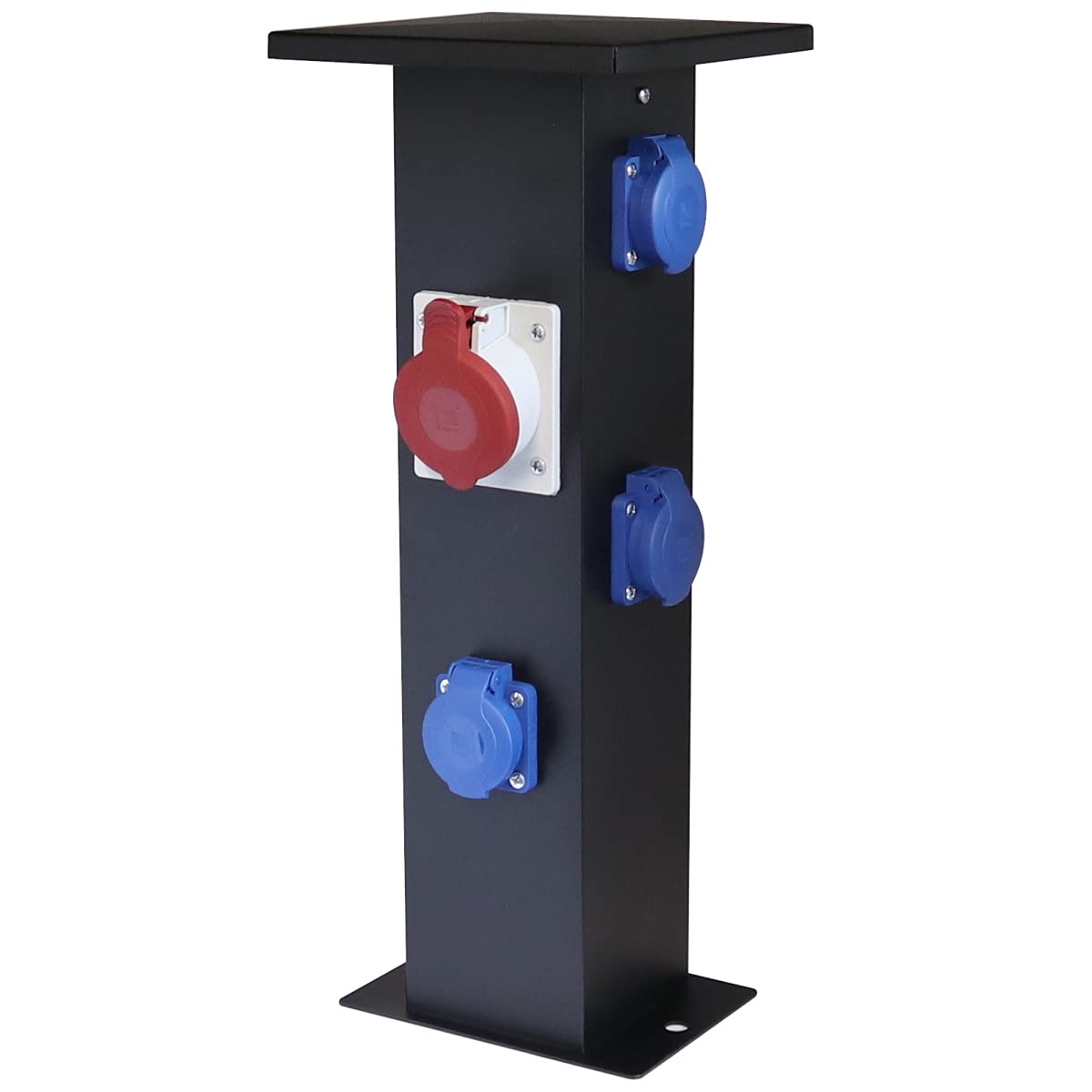 WITTKOWARE Alu-Steckdosensäule für Festinstallation, Standverteiler bestückt mit 3X 16A Schutzkontakt-Steckdosen und 1x 16A CEE-Steckdose, Farbe schwarz