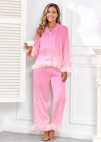 Image of Brosloth Womens Silk Pajamas Set Long Sleeve Satin Button Up Sleepwear | Cute Soft Fall Pjs Sets, Lace 2 Piece Lounge Set, Elegant Bridesmaid Pajama, Skin Friendly Sleepwear for Wedding, Honeymoon