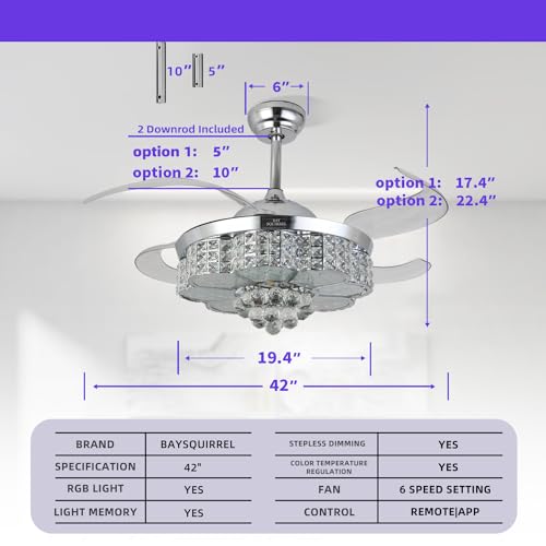 Baysquirrel RETRACTABLE CRYSTAL CEILING FAN With Light, Remote And App Control, 6 Speeds Reversible Blades, 3-Color Led Dimmable Chandelier Ceiling Fan thumb #5