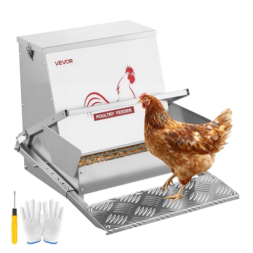 VEVOR Automatic Chicken Feeder 40 lbs Capacity Rainproof Treadle Poultry Feeder with Lockable Lid No Waste Galvanized Steel Construction Outdoor Use for Chicken Bantams Poultry Pheasants