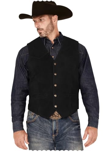 Men's Suede Leather Vest Slim Fit V-Neck Western Cowboy Waistcoat for Wedding Prom