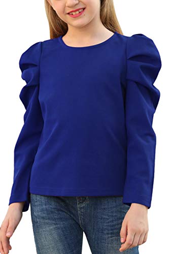 Image of GORLYA Girl's Puff Sleeve Casual Solid T-Shirt Pullover Keyhole Back Blouse Tops for 4-14T Kids