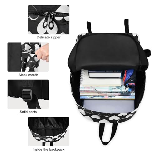 Black White Heart Print Backpack Set with Lunch Bag, Large Capacity Travel Backpacks and Lunch Box Insulated for Commute Hiking Picnic3
