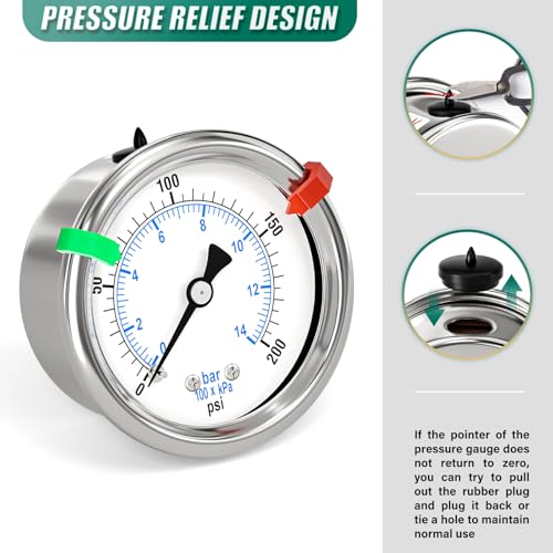 Image of 0-200Psi Stainless Steel Dry Low Pressure Gauge 1 /4 inch NPT 2 inch Dual Scale Dial, Back Mount, Waterproof for Water Oil Air Well pump, compressors, Tire Gas Pressure Test (with Range Mark Pointer)