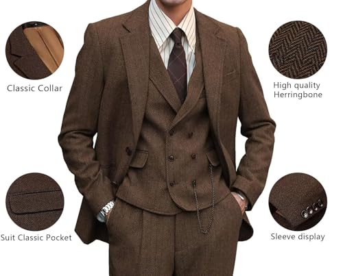 Men's Herringbone Tweed Suits 3 Piece Wedding Business Casual Suit Tuxedo Jacket Vest Pants2