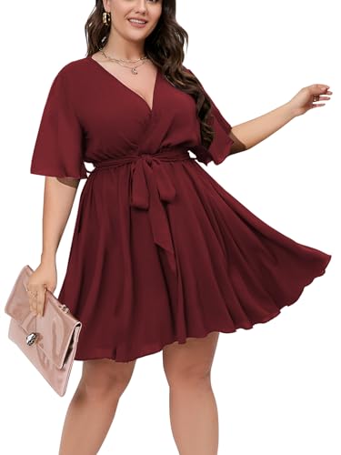 Image of SCOMCHIC Women's Plus Size Summer Dresses Short Sleeve Wrap V Neck A Line Skater Mini Short Dress XL-4XL