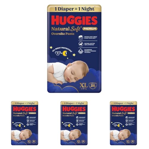 Image of Huggies Natural Soft Overnite Diaper Pants| Premium Pant Style Baby Diapers Medium Size (XL Size | 12-17 Kgs), 28 count| Keeps baby dry all night with cloud softness all over (Pack of 4)