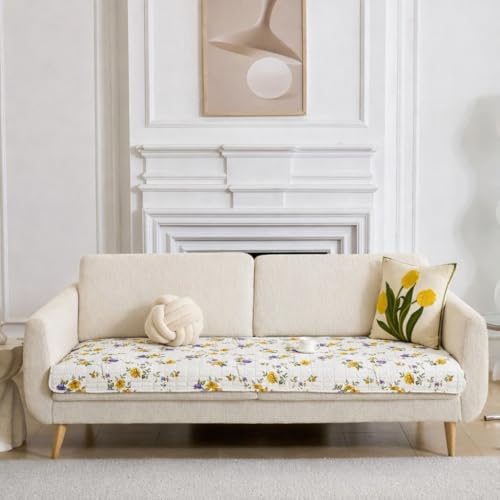 Image of HOMETHREADS Anti-Skid Sofa Protector Mat: Premium Printed Cotton Slipcover with Strong PVC Non-Slip Backing, (Purple Beige, 1 Seater Large| 90x75cm)