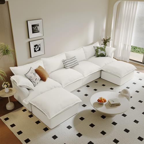 6 Seat U Shape Modular Sectional Couch Sofa for Living Room,Deep Seat Sofas Cushion Covers Removable,Modern Down Fill Cloud Sectional Couches for Office Home,Linen Fabric,Cream White