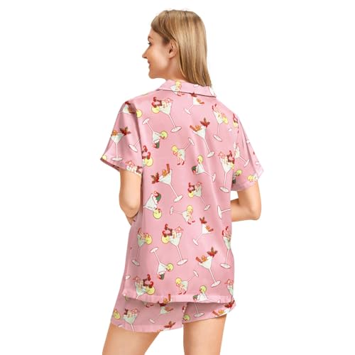 Image of Funny Pajamas for Women Set Print Satin Loungewear Pjs Short Sleeve Button Down Top and Shorts Sets Sleepwear XS-3XL