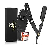 The Cut- Factory- Straight Razor with 100 Pack Platinum Treat Single Blade Razors for Men- Professional Barber Straight Edge Razor for Close Shaving 100 Percent Stainless Steel-Black