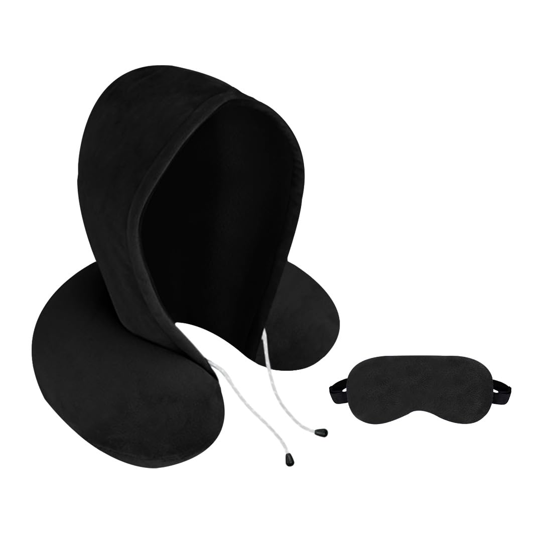 Premium Neck Pillow Ultra Soft Neck Pillow with Hoodie Super Comfortable Travel Pillow for Airplane (Black Hoodie with Eye Mask)-image-23