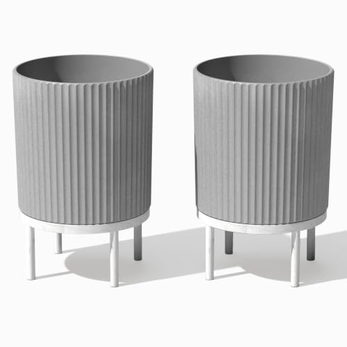 Image of Veradek Demi Series Raised Planter - Round Planter with Stand | Made From a Durable Plastic-Stone Composite & Comes With Wooden Stand. Modern Porch /Patio Decor