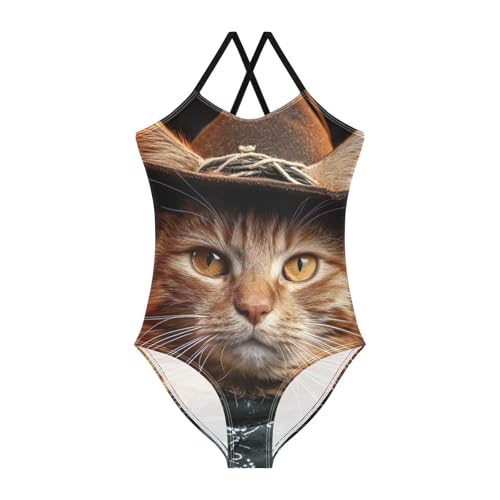 Cat Cowboy Brown Kid Swimsuit Quick Dry Crossback Girl One Piece Swimsuit 3T