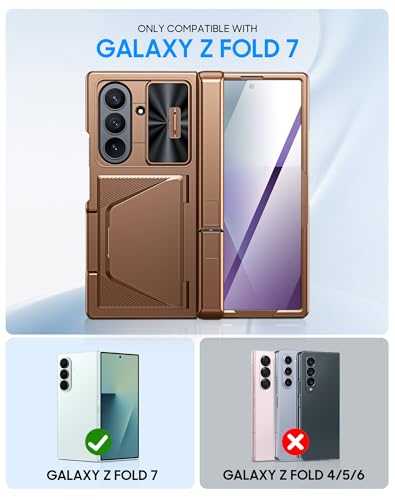 Image of for Samsung Galaxy Z Fold 7 Case with Card Holder RFID Blocking, Built in Slide Lens Cover & Hinge Protection & Kickstand & Screen Protector, Shockproof Wallet Case for Z Fold 7 (Desert Gold)