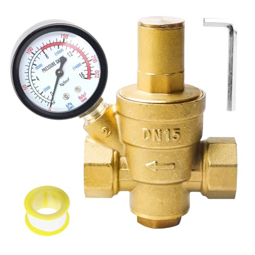 1/2 zoll DN15 Druckminderer Wasser mit Manometer, Druckregler Wasser, Einstellbar Druckminderer, Hergestellt aus Hohe Härte Messin für Wasserdruck Wasser überdruckventil Druckminderer