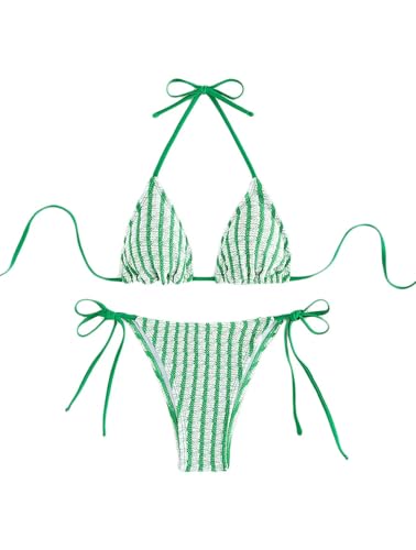 Women's Striped Halter Bathing Suit High Waisted Triangle Colorblock Swimsuit Bikini Set