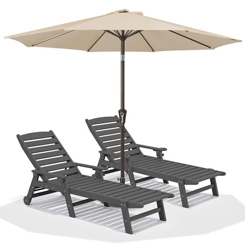 SERWALL Patio Chaise Lounge Chair Set of 2 with 9FT Patio Umbrella, 78'' HDPE Outdoor Lounger, Poly Lounge Chair with Rolling Wheels & Cup Holder for Pool,Slate Gray (Umbreall Base not Included)