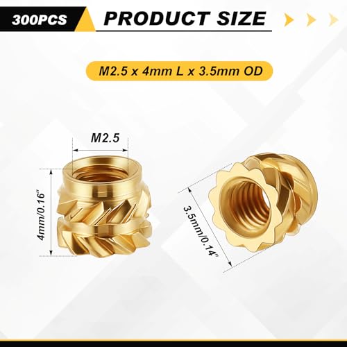 Image of Yaocom 300 Pcs M2.5 Threaded Inserts M2.5 x D3.5 x L4 Heat Set Inserts Brass 3D Printing Knurled Metric Nuts for Plastic, 3D Printing Components