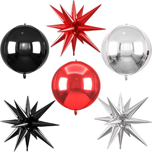 Image of 6pcs 22 inch Black Silver Red Star Balloons and 4D Large Foil Balloons, Black Silver Foil Star Balloon Red 4D Aluminum Balloon For Birthday Baby Shower Party Wedding Graduation Decorations