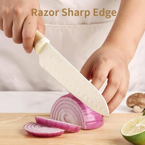 Image of 12 Pieces Knife Set, 6 Knives with 6 Blade Guards, Granite Nonstick Ceramic Coated, Professional Chef Knife, Utility, Bread, Utility, Paring, for Home & Restaurant Use Wood Grain Handle, White (White)