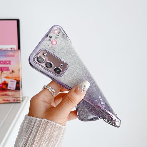 Image of for Note 20 Case,Galaxy Note 20 Case for Women Gradual Change Glitter Crystal Soft TPU Stylish Butterfly Floral Heart Clear Protective Cover with Strap for Samsung Note 20 (Purple)