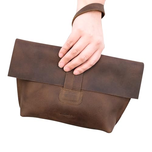 Heather's, Women's Clutch Bag, Travel Case, Accessories Pouch, Makeup, Cosmetics, and Toiletry Items, Full Grain Leather, Handmade, Bourbon Brown3