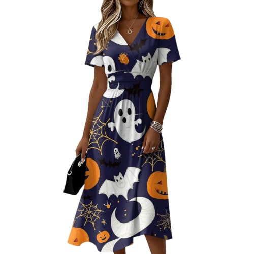 Vestido de mujer festivo con flores y fantasmas en manga corta