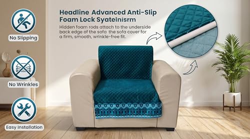 Image of KINGLY Sofa Cover 3 Seater Fully Covered | Stretchable Anti-Slip Slipcover | Washable Furniture Protector | Teal Blue | Set of 2 | Seat & Back |