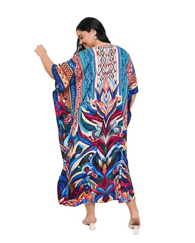 Image of Gypsie Blu Women Plus Size Kaftan Dress Beach Cover Up Maxi Dresses for Women, V-Neck Kimono Sleeve 1X-3X