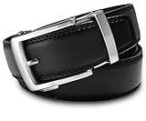 Men's Holeless Leather Ratchet Click Belt - Trim to Perfect Fit (Various Styles and Colors) (The Classico - Brushed Silver Buckle with Double Stitched Black Leather Belt, Custom: Up to 33'' Waist)