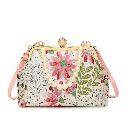 Vintage Floral Embroidery Handbag， Pearl Chain Crossbody Bag Kiss Lock Purse Evening Bag for Women