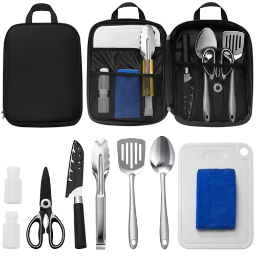 Lafuntar camping cooking set,camping utensils set,10 Pcs camping cooking equipment, Lightweight Portable Outdoor Camping Kitchen Accessories, Black