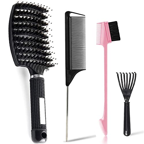 4PCS Boar Bristle Hair Brush Set, Detangling Brush with Edge Brush, Rat Tail Combs and Brush Cleaner, Curved Vented Curly Hair Brush for Women/Men/Kids, Paddle Brush for Wet Dry Thick Black Natural Hair