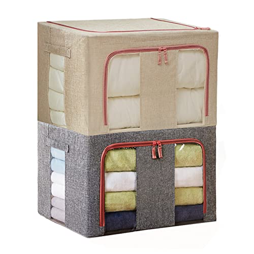 Kleidung Aufbewahrungsboxen, große Kapazität Kleidung Veranstalter mit Stahlrahmen faltbar stapelbar Kleiderschrank Stoff Aufbewahrungsbehälter, perfekt für Bettdecken, Bettwäsche(2 Stück- 66L) Cover