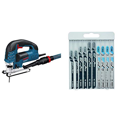 Bosch Professional GST 150 BCE - Sierra de calar, profundidad corte 150 mm, en maletín, 780 W + Bosch 2607010630 - Hojas de sierra de calar Basica para Metal y Madera - Juego de 10 unidades