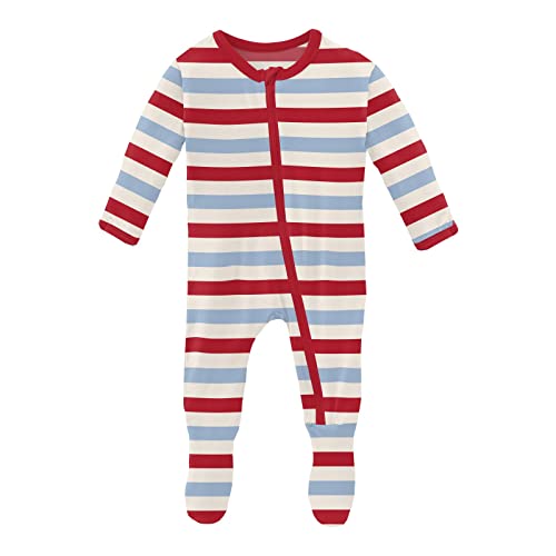 Image of KicKee Print Footie with Zipper, Fitted Long Sleeve Pajamas, Ultra Soft Everyday One-Piece Loungewear, Anniversary (Anniversary Balloon Stripe - 0-3 Months)