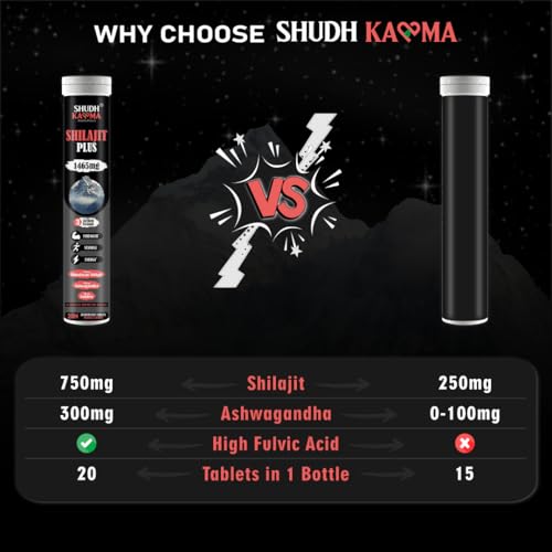 Image of Shudh Kaama Original Himalayan Shilajit /Shilajeet (750mg) Effervescent with Ashwagandha, Gokshura & Safed Musli for Strength & Muscle Gain - (Pack of 4) 80 Tablets