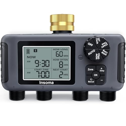 Insoma Water Timer with Brass Inlet, 4 Independent Zones Outdoor Hose Timer for Garden Faucet with Auto/Manual/Rain Delay Mode, IPX5 Waterproof, Sprinkler Irrigation Controller for Yard Lawn