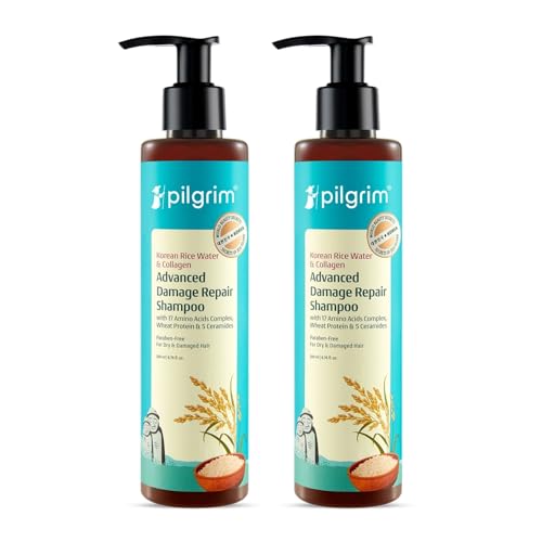 Image of Pilgrim Korean Rice Water & Collagen Advanced Damage Repair Shampoo - 200ml | with 17 Amino Acids, Wheat Protein & 5 Ceramides | Paraben-Free | For Dry & Damaged Hair | For Women and Men Pack of 2