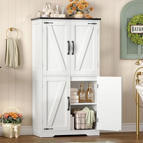 TEENFON Farmhouse Storage Cabinet with 2 Adjustable Shelves, Bathroom Cabinet with 4 Doors, Kitchen Cabinets, Cupboard for Kitchen, Living Room, White - Image 6