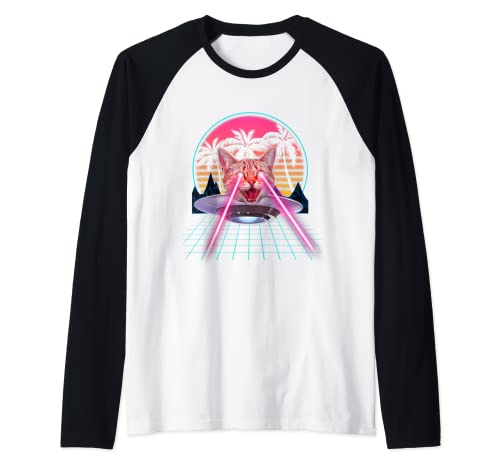 Laser Cat Eyes Kitten UFO Retro 80s Funny Cats Lovers Maglia con Maniche Raglan