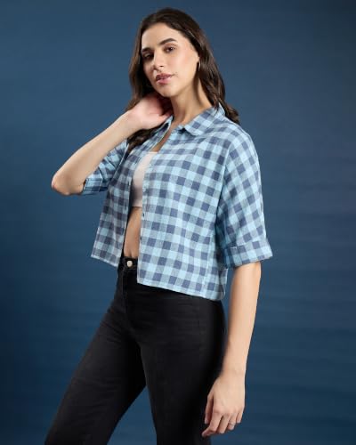 Image of Chimpaaanzee Women Checks Half Sleeve Crop Shirt