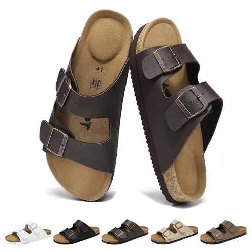 Imagen de Wizshoe Sandalias Mules Hombre Zapatillas Planas Verano Zuecos Sandals de Corcho Zapatos Planos con Hebilla Ajustable Cómodos con Plantilla Ergonómica Interior Exterior Marrón Oscuro 43 EU