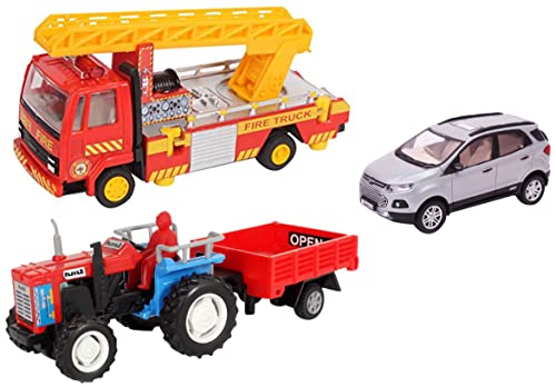 Image of CENTY Adult Toys Plastic Pull Back Car, 1 Pull Back Car, Multicolour & Fire Ladder Truck, Yellow & Trolley Tractor (Colors May Vary)